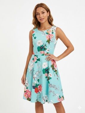 Hanpceirs Floral Fit & Flare Sleeveless Dress - Aqua Floral